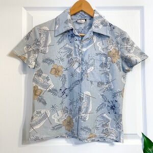 Vintage Hawaiian Floral Print Button Up Short Sleeve Shirt Blue